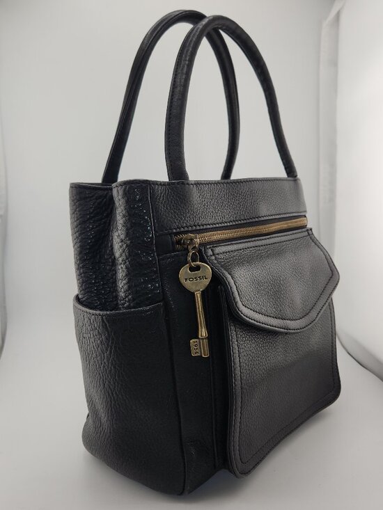 Fossil Handbags - Fossil Black Pebbled Leather Tote Bag | Gold Key Charm | 1954